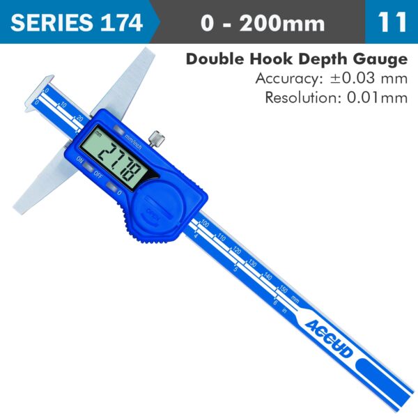 DIG. CALIPER 200MM 0.03MM ACC. DOUBLE HOOK DEPTH 0.01MM RES. S/STEEL